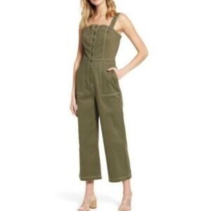 Chelsea28 Contrast Stitch Twill Sleeveless Wide Leg Crop Jumpsuit Olive Green M